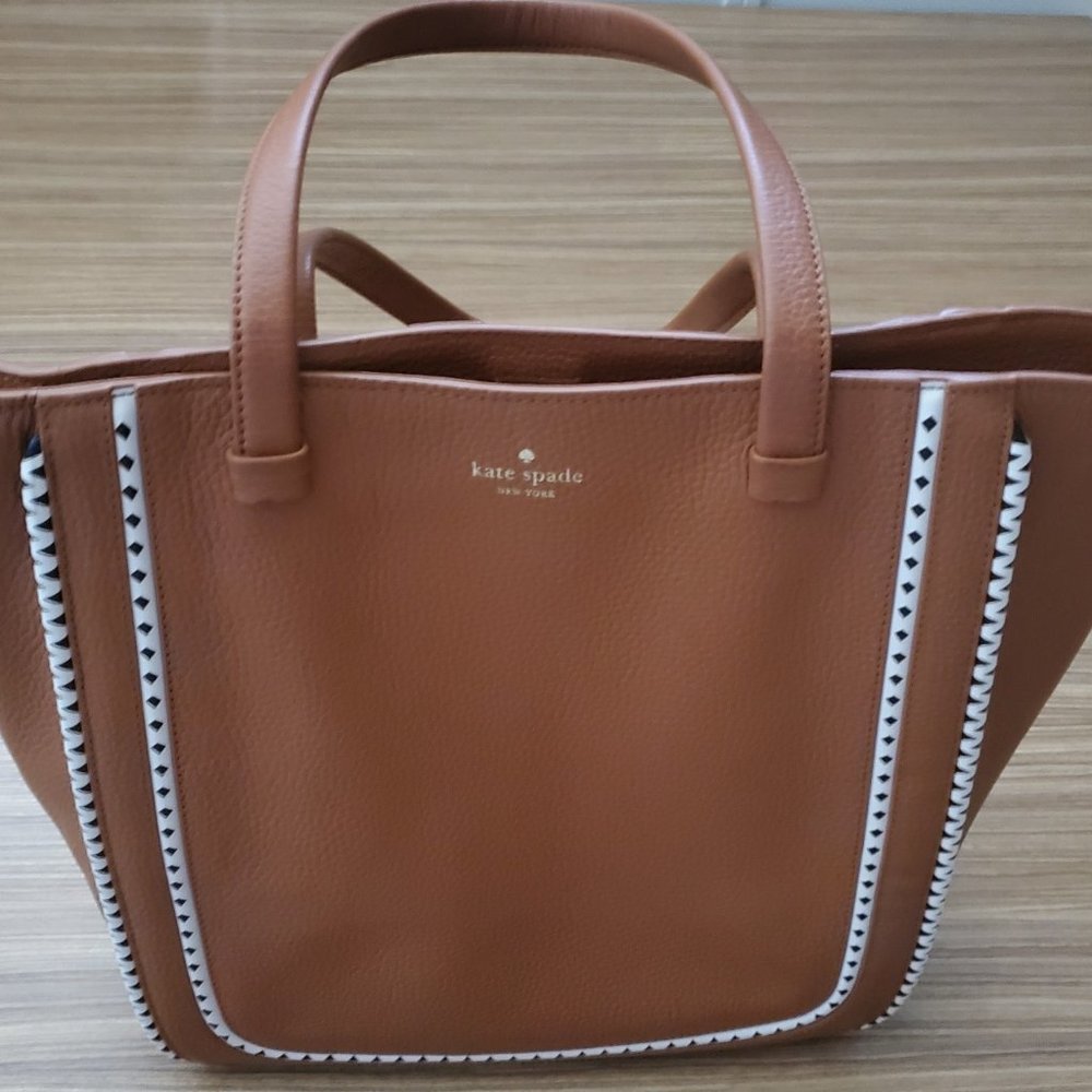 Kate Spade New York Leather Tote Bag Purse Carry Peanut Butter Brown Stitched